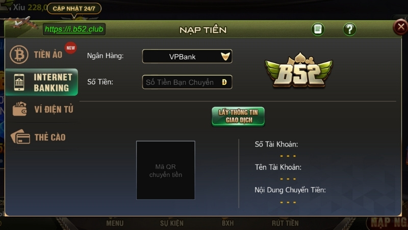 Hướng dẫn hội viên các bước nạp tiền B52 qua ngân hàng